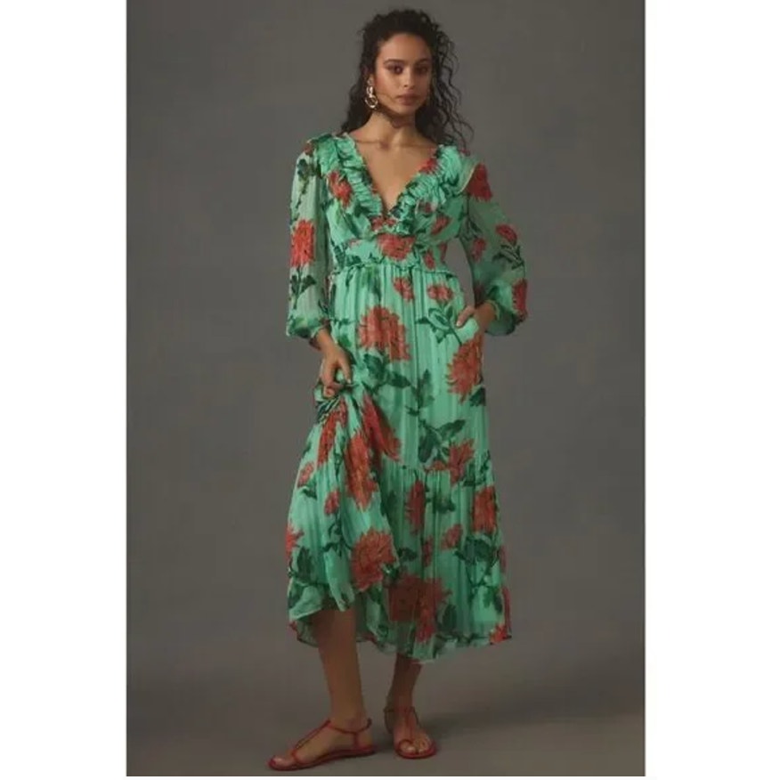 Anthropologie The Odetta Ruffled V-Neck Dress Xs